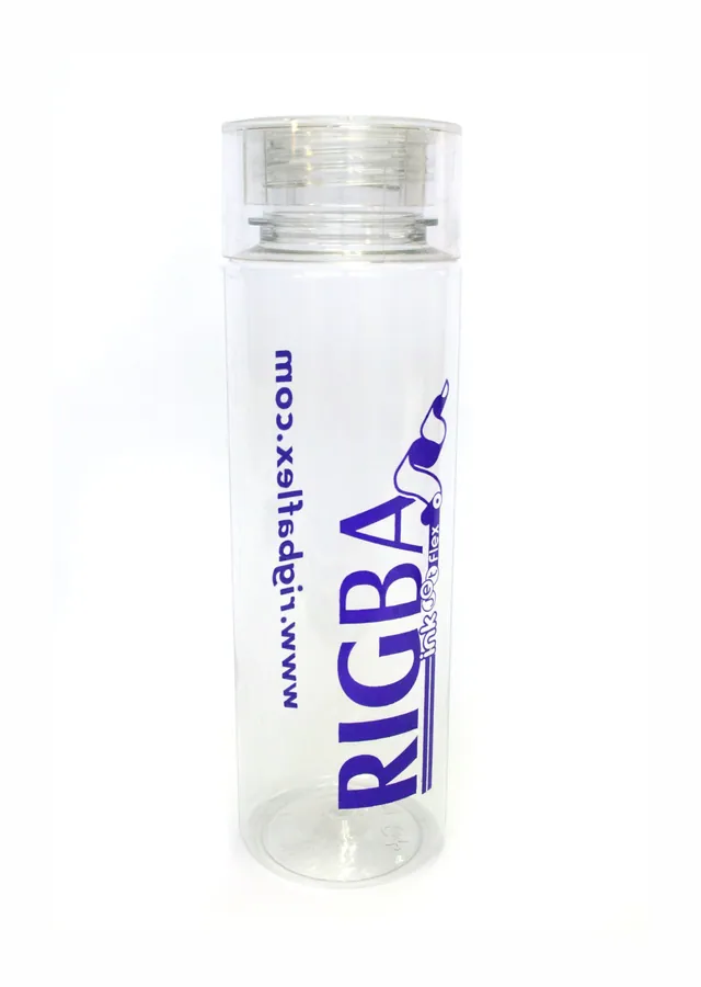 Cilindro de plástico transparente con tapa de rosca y el logo de RIGBA
