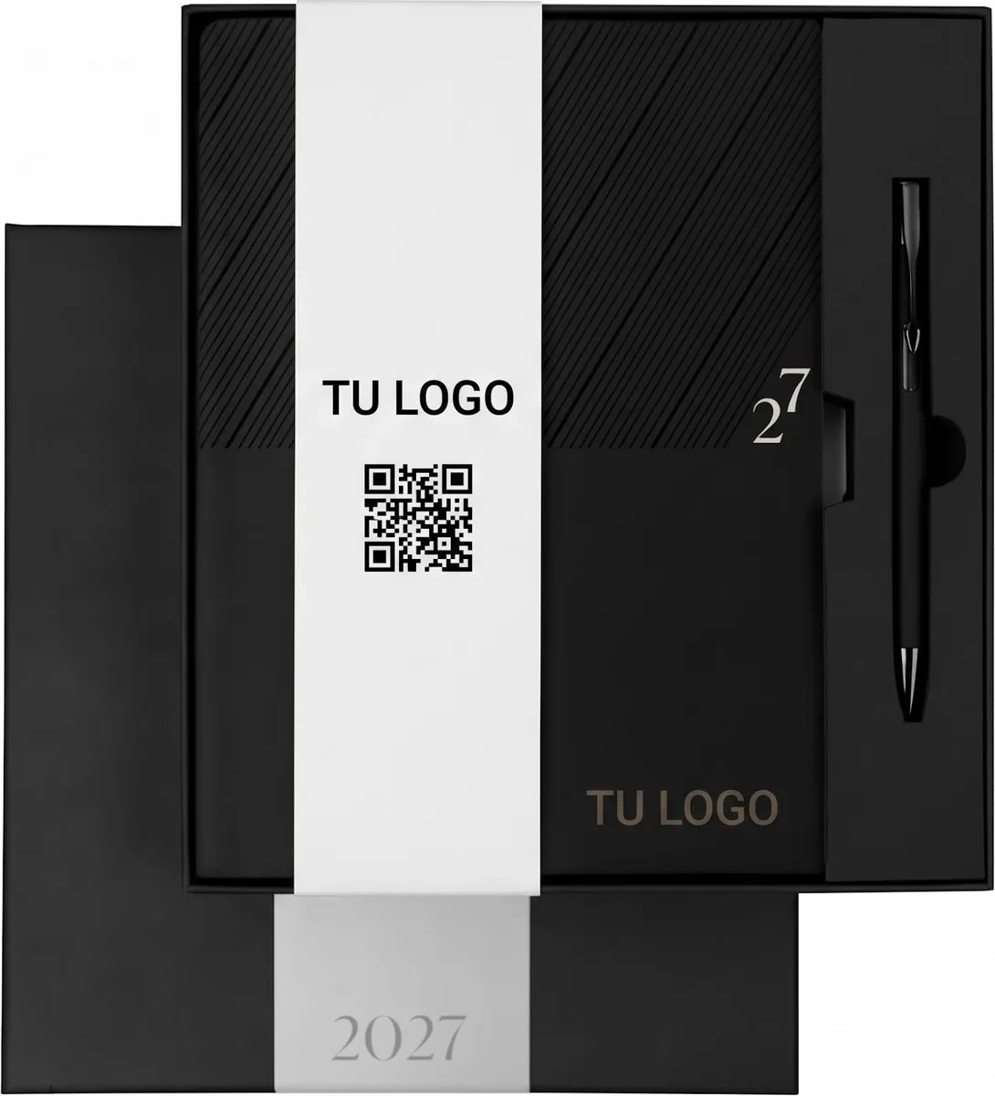 Agenda negra con faja informativa, código QR, logo y pluma