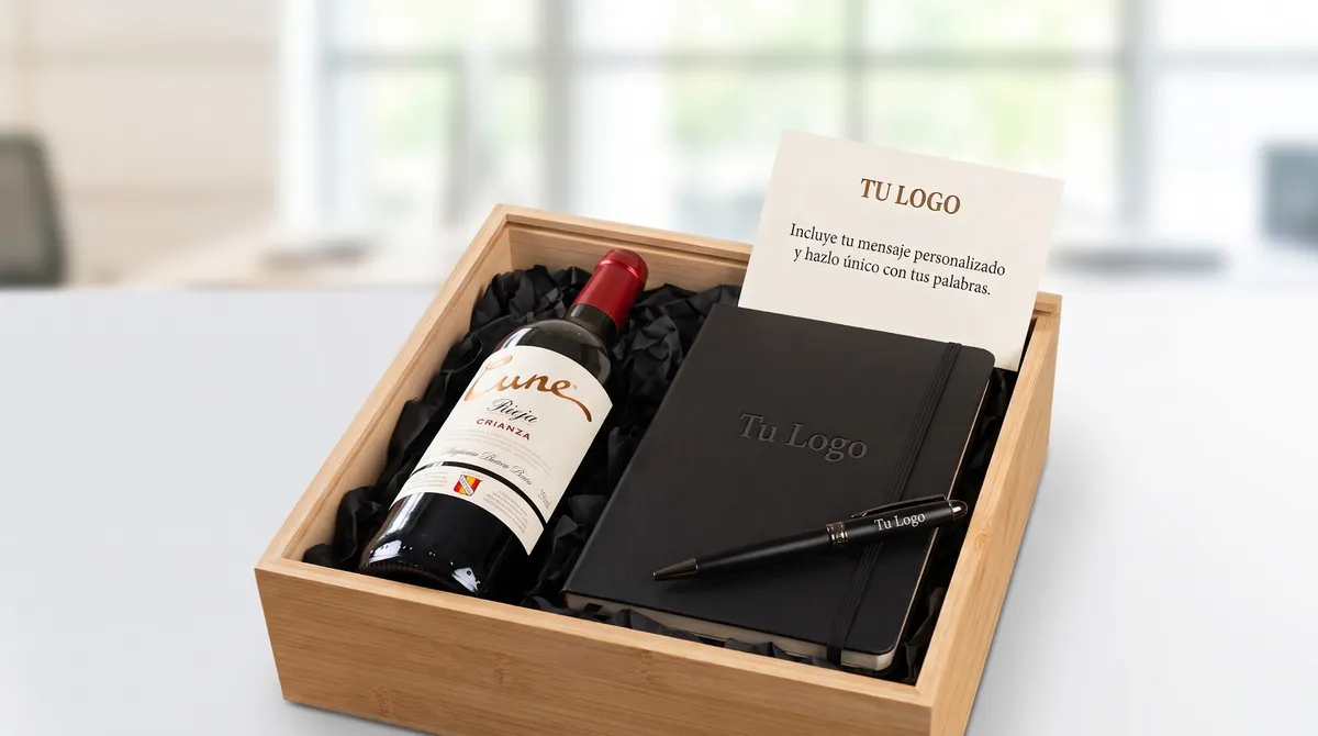 Caja de madera con vino, libreta negra, pluma y tarjeta con mensaje personalizado