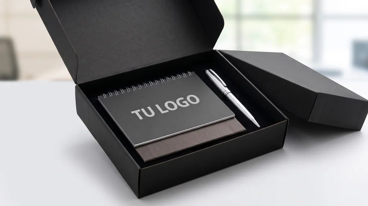 Kit calendario de escritorio 2027 en caja negra abierta, con pluma y espacio para tu logo