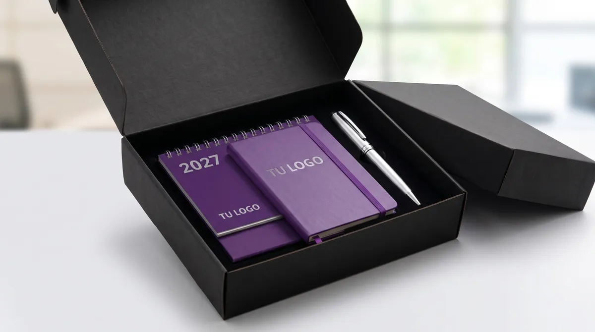 Kit 2027 en caja negra: calendario de escritorio, libreta morada con logo y pluma