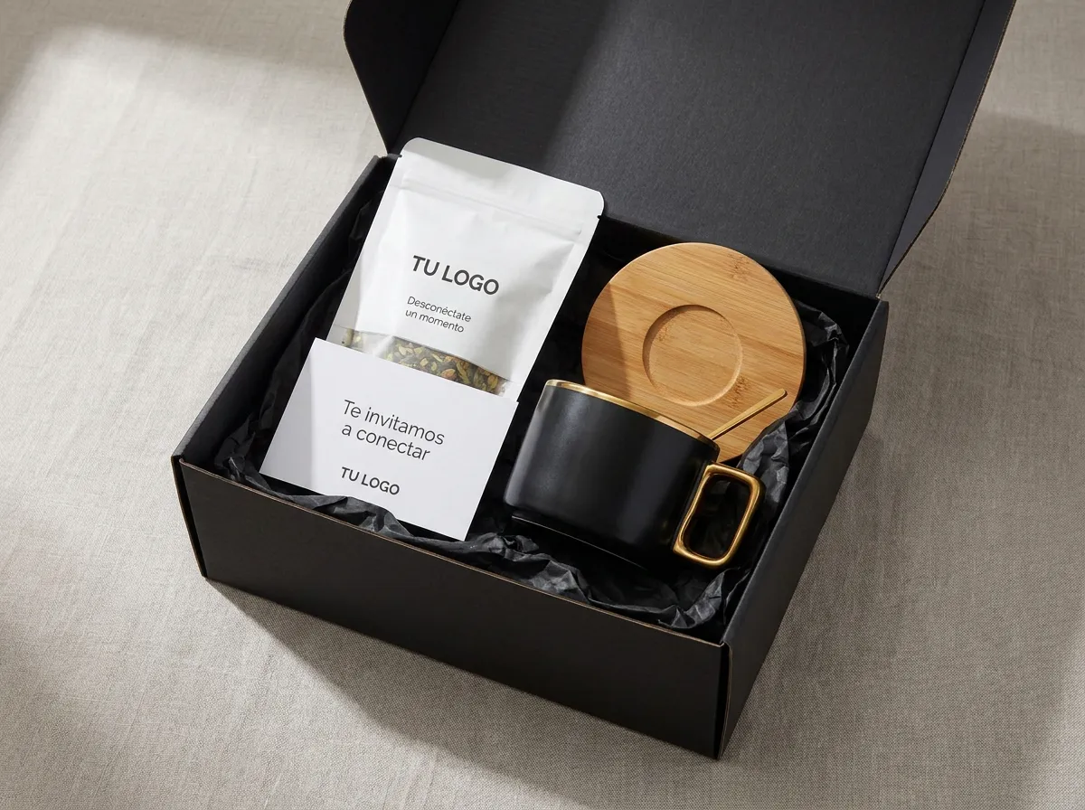 Info Tea: Caja de cartón negra: ti ana de 250 g, taza TAZ_057 y tarjeta de invitación a conectar