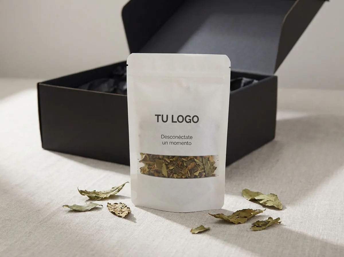 Info Tea: La bol a de la ti ana con el logo de la empre a y un men aje para de conectar