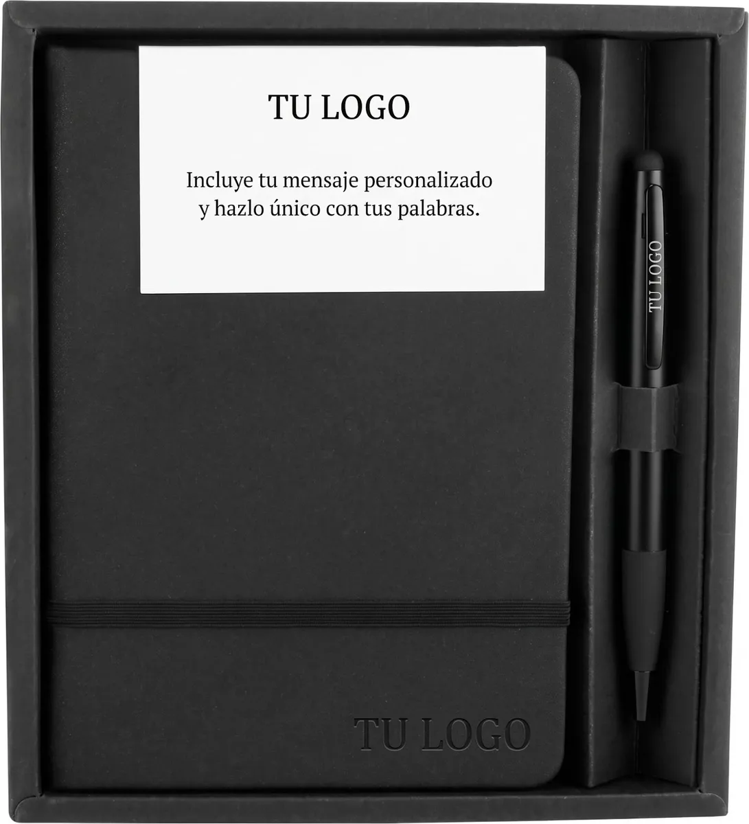 Libreta negra y pluma en su caja, con tarjeta de mensaje personalizado y logo
