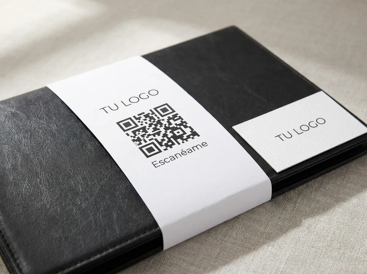 Mesa de trabajo: Detalle de la faja con el QR y la tarjeta per onalizada