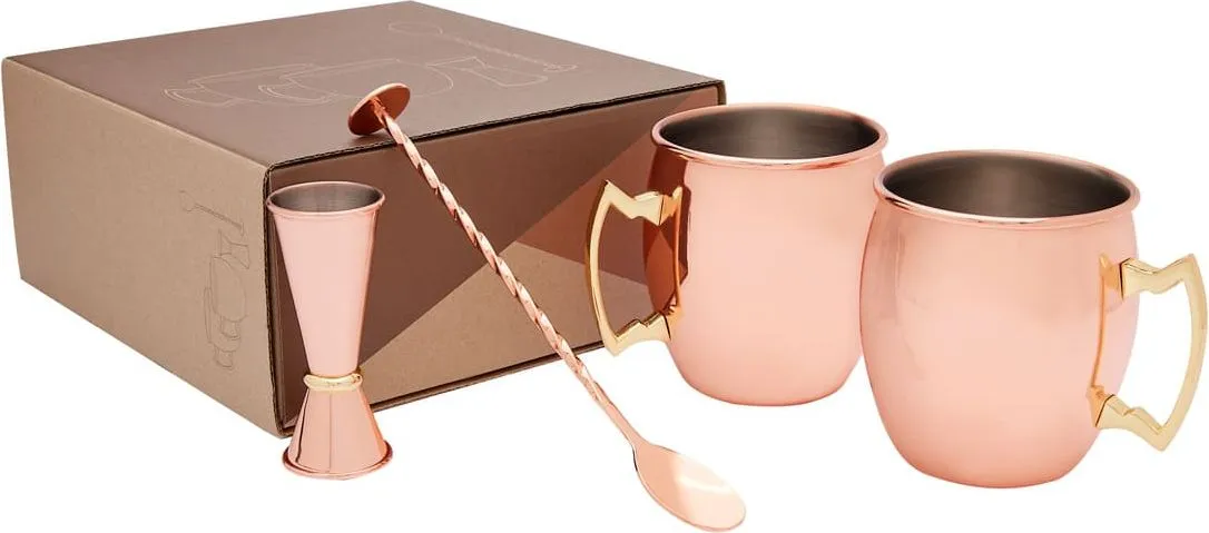 Set de mixología color cobre: dos tarros, cuchara y medidor, con su caja