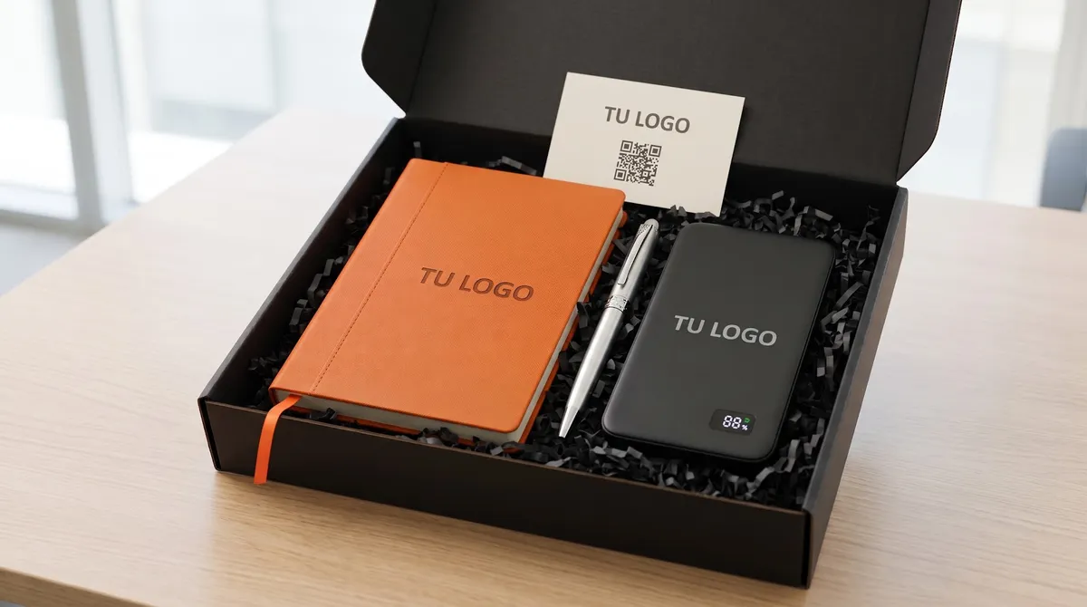Kit pila portátil en caja negra: libreta con logo, pila portátil, pluma y tarjeta