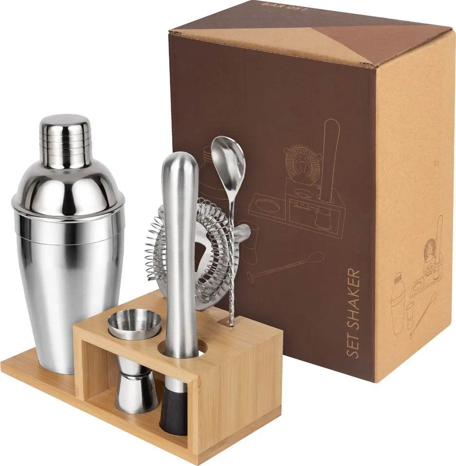 Set de shaker de acero con accesorios en base de bambú y su caja