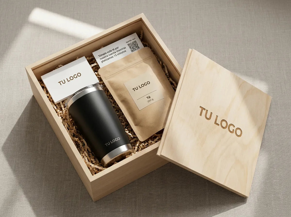 Tea Kick: Caja de MDF abierta: termo, bol a de té de 250 g, tarjetón y tarjeta de invitación