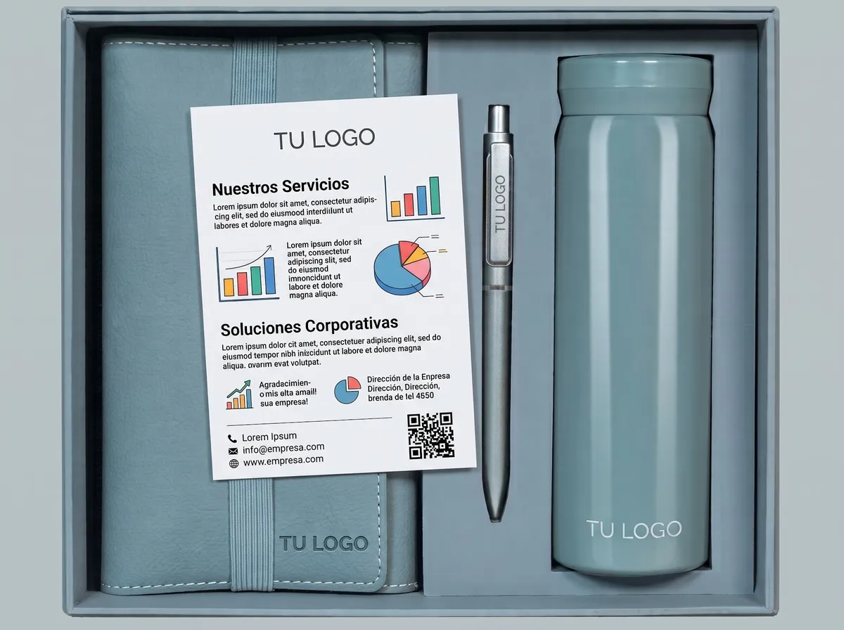 Termo, libreta y pluma con logo en su caja, con la hoja de presentación de la empresa