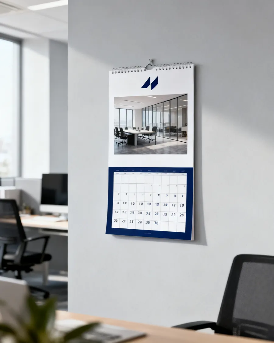 Calendario de pared con logo colgado en la pared de una oficina