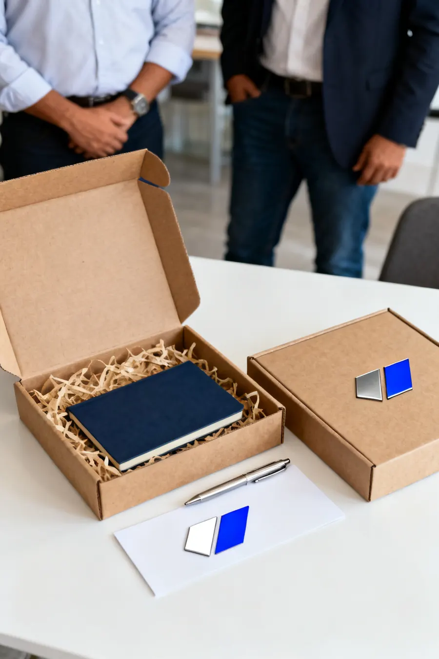 Kit en caja kraft con relleno, libreta, pluma y tarjeta con logo