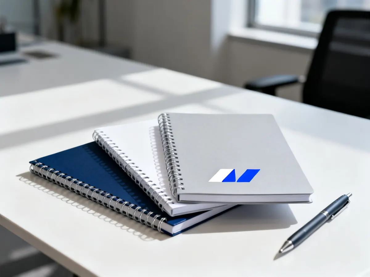 Tres libretas de espiral en azul marino, blanco y gris con el mismo logo