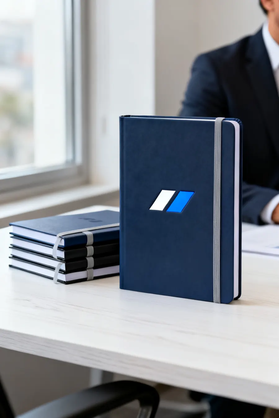 Libretas de pasta dura azul marino y negras con elástico gris; la del frente con el logo