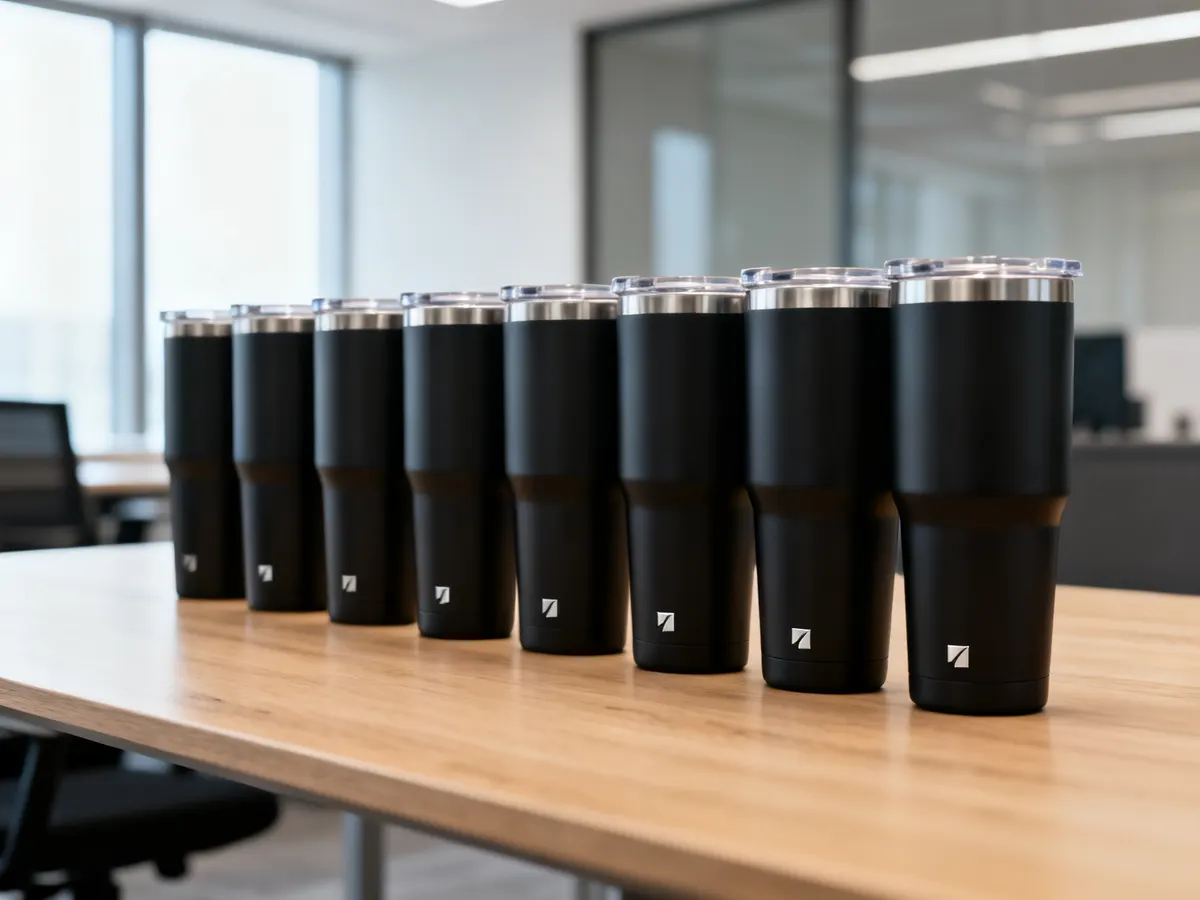 Vasos térmicos negros iguales, con el mismo logo grabado, alineados en una mesa