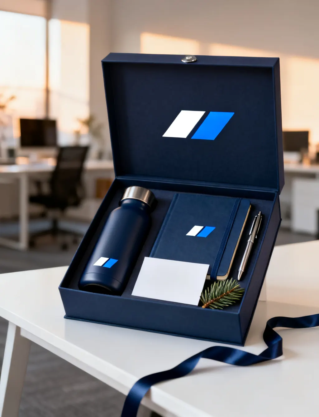 Caja de regalo de fin de año con botella térmica, libreta, pluma y tarjeta