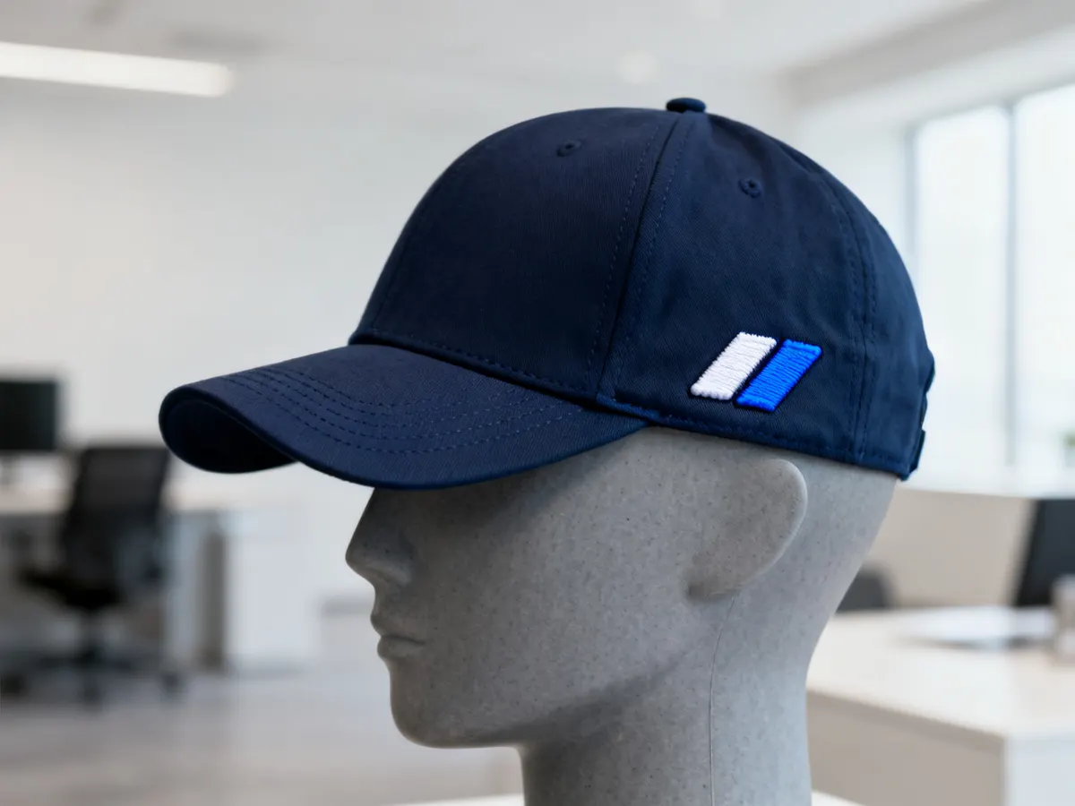Gorra azul marino con logo sobre un maniquí en una oficina