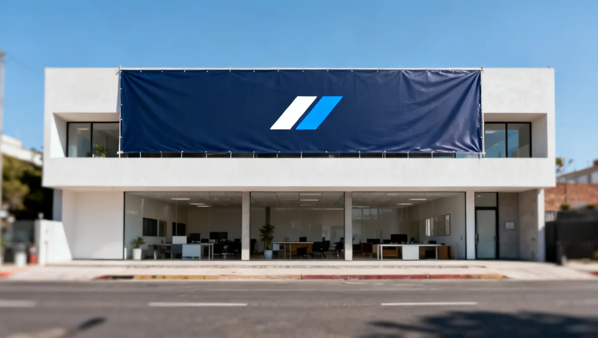 Lona azul marino con logo colgada en un edificio de oficinas