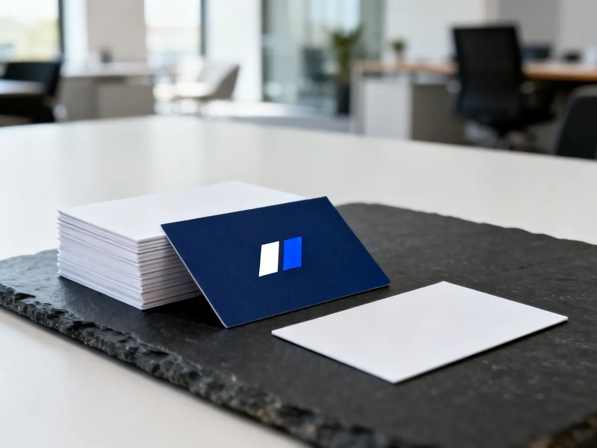 Tarjeta de presentación azul marino con logo junto a un mazo de tarjetas blancas, sobre una base de pizarra en una mesa de oficina